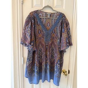 Catherine's Womens 4X Boho Paisley Tunic Blue Studded V Neck Plus Size